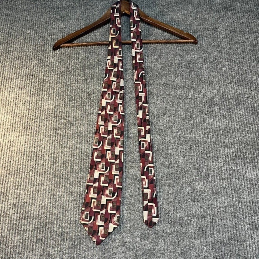 Zylos George Machado Mens Geometric Abstract Silk Necktie Burgundy Cream Black